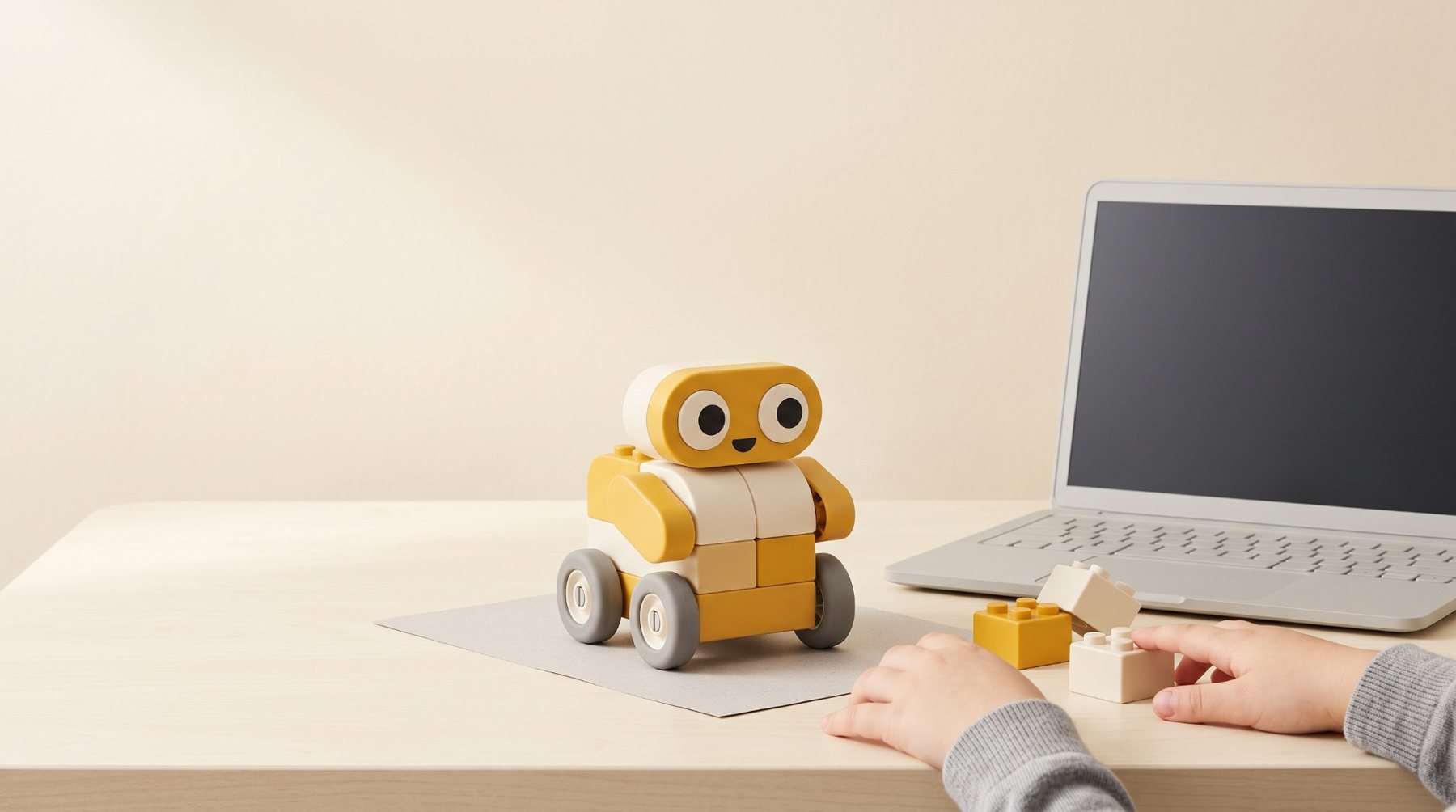 A small yellow robot built from blocks beside a laptop, a child's hands reaching for more pieces